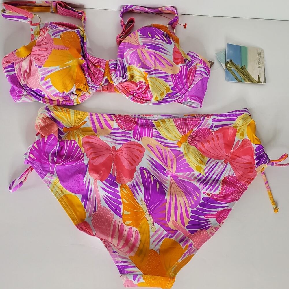 Sunseeker High Cut butterfly colorful pink & orange bikini NWT Size 10/36D
